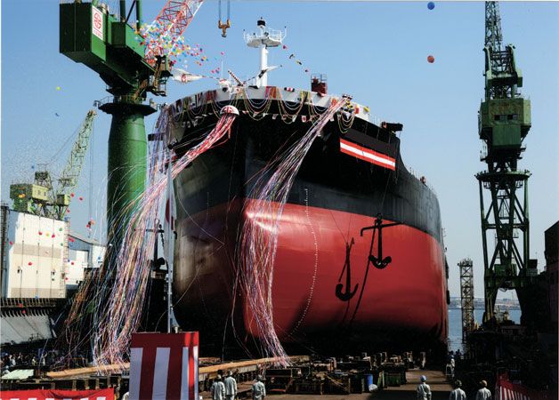 Ship-launching-ceremony-at-a-Japanese-shipyard