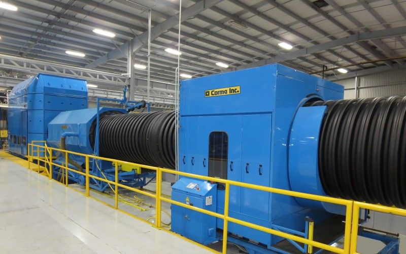 6030 Corrugator producing 60 ID HDPE pipe with Corma’s patented double layer in-line coupling